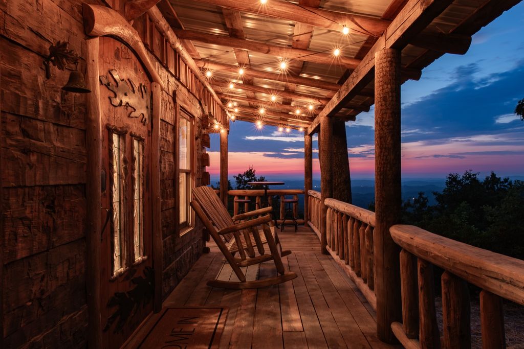 String-lit front porch at sunset