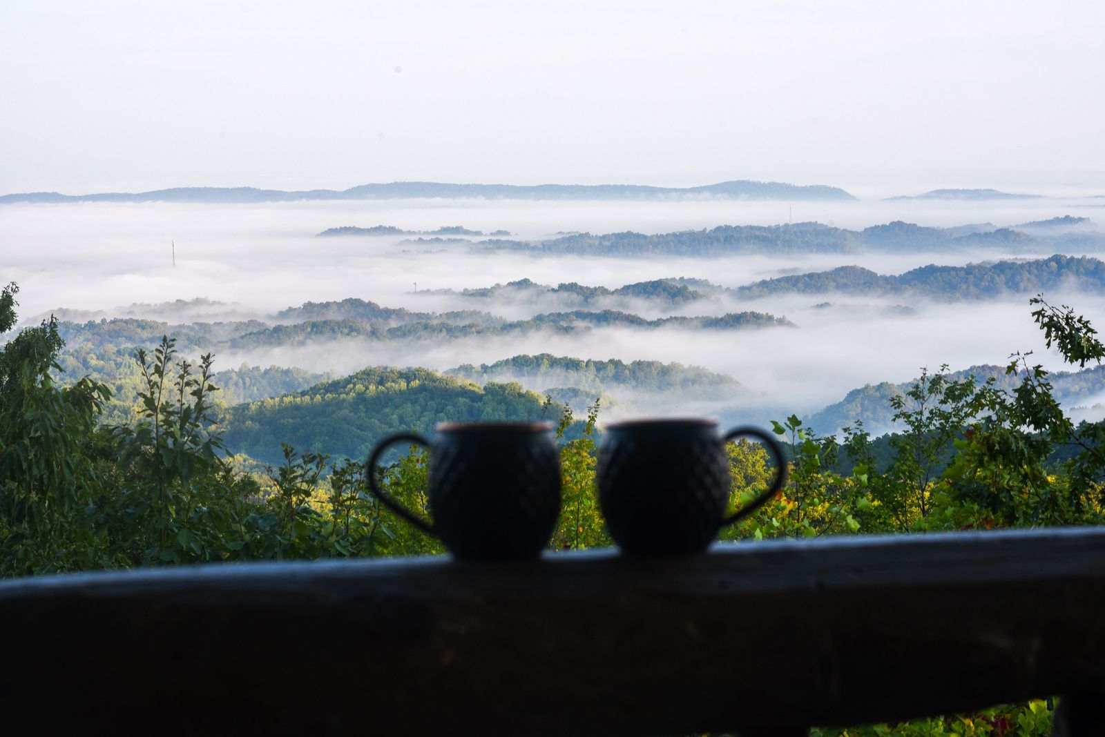 Two mugs on the deck rail above a sea of morning fog over the Smoky Mountain foothills